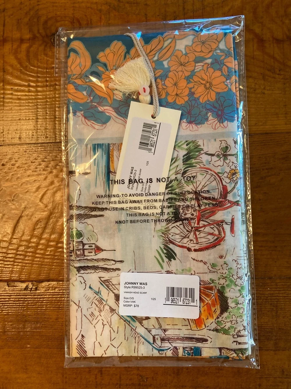 NEW Johnny Was Vakash Head Scarf Seaside Villas Bicycle Medium Cotton 35